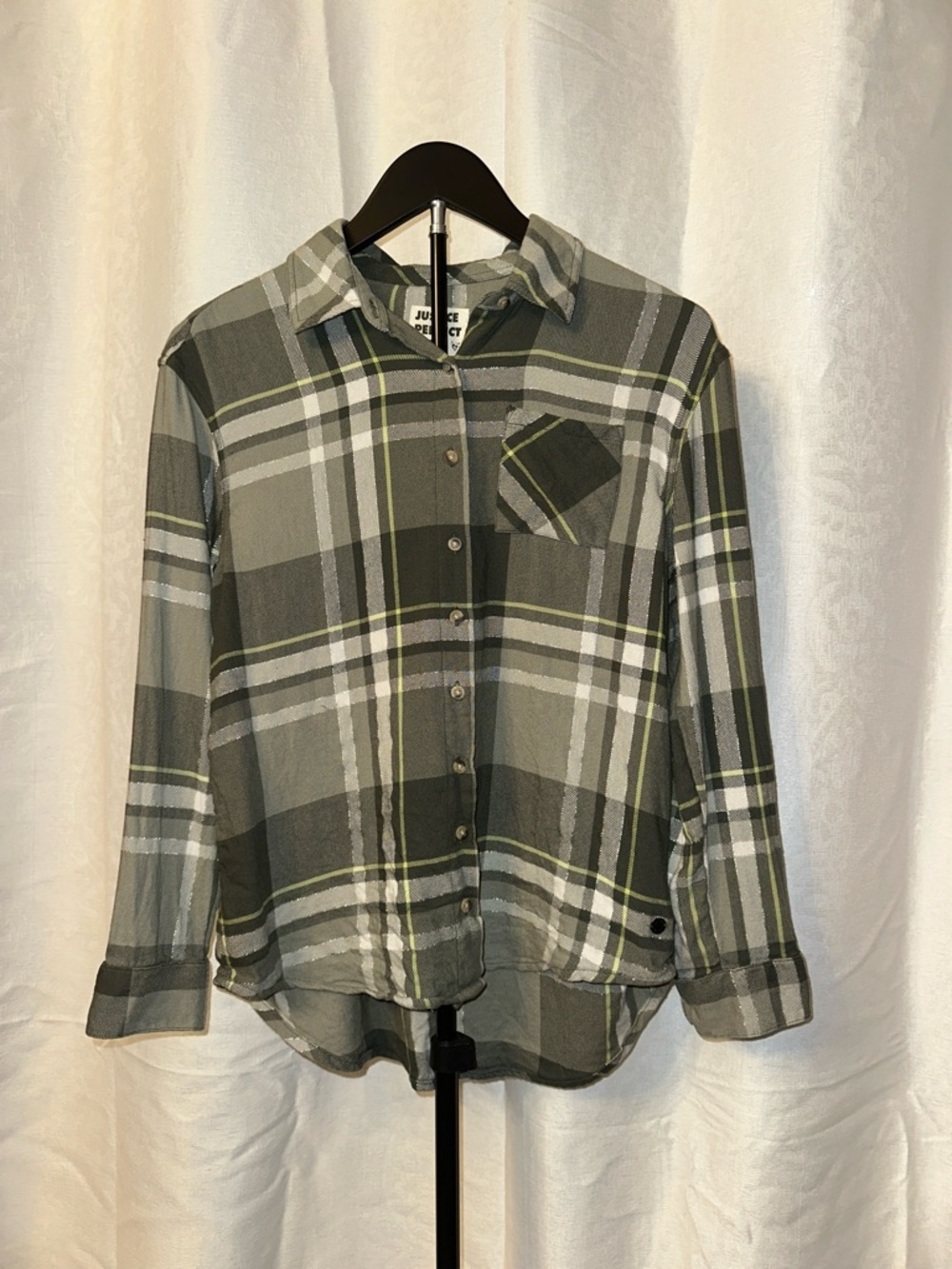 Justice Olive Green Metallic Threading Plaid Shit, Sz 14